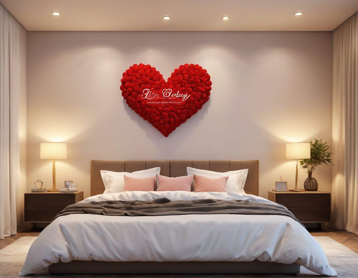 A serene and inviting bedroom setting, featuring soft, ambient lighting and a cozy bed with plush pillows. Include two people communicating openly, sharing a moment of laughter and connection, surrounded by symbols of love and empowerment, like heart-shaped decor and inspiring quotes on the walls. Emphasize warmth, intimacy, and trust. super-realistic. vibrant colors. soft focus.