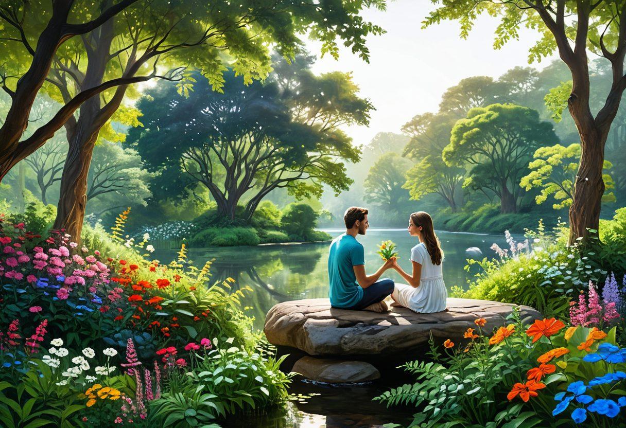 A serene landscape depicting two people engaged in a heartfelt conversation, surrounded by lush greenery and vibrant flowers symbolizing growth and wellness. Incorporate elements like speech bubbles filled with positive words, and a soft glowing light to evoke a sense of harmony and connection. super-realistic. vibrant colors. peaceful atmosphere.